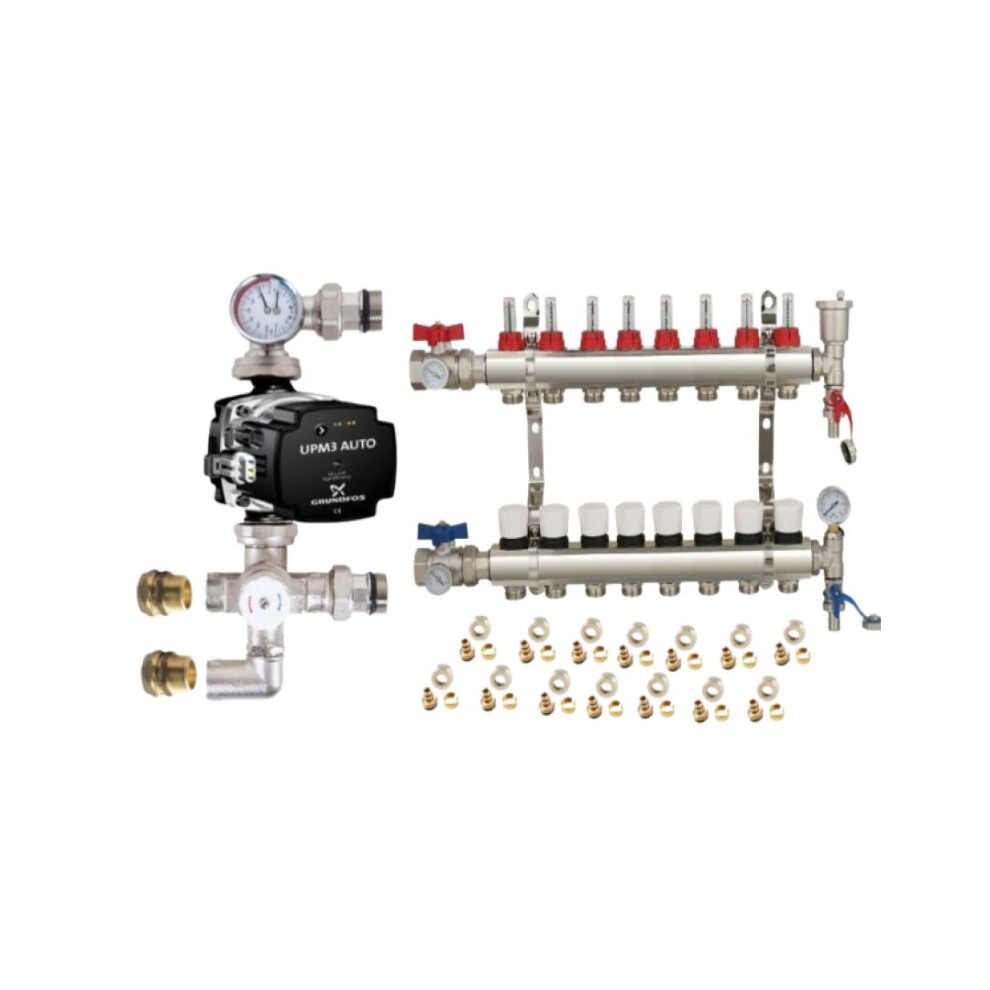 (8 PORT) Water Underfloor Heating Kit 1 - 12 Ports with Pump and Blending Valve Set