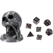 (Silver) 3D Printed Skull Dice Tower with Random 7Pcs D20 Dice Tabletop Game Toys Halloween Decor Gothic Ornaments for RPG & DND Gameplay