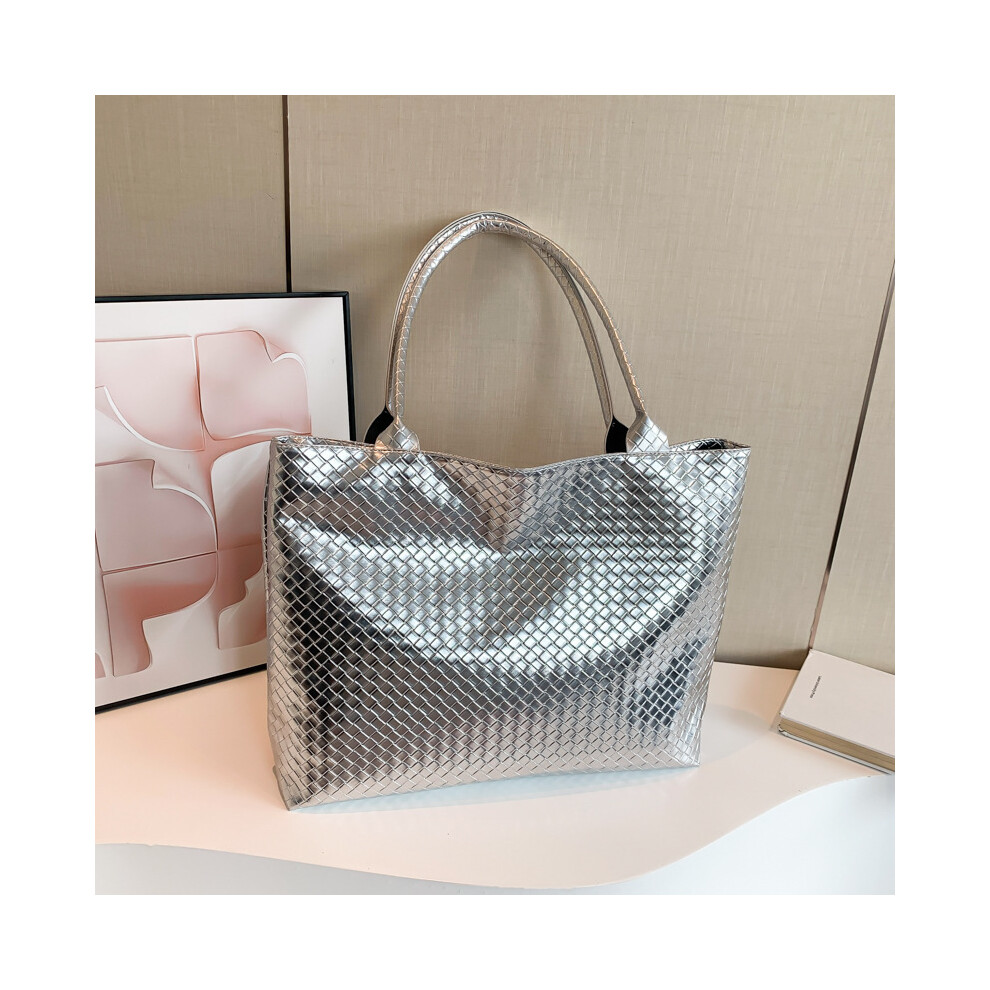 (Silver) 2024 Modern Elegant Weaved Tote Bag Generous Size Stylish Shoulder Bag