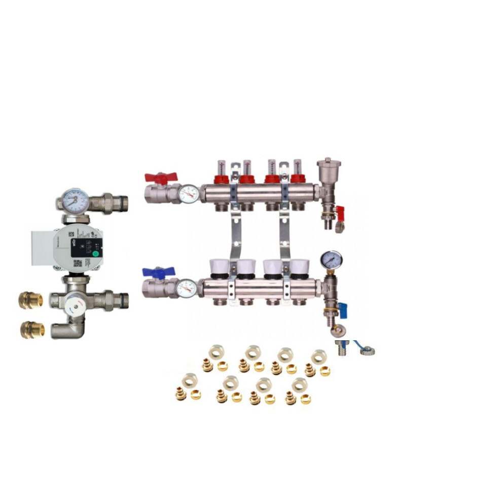 (4 PORT) Water Underfloor Heating Kit 1 - 12 Ports Manifold with Pump and Blending Valve Set