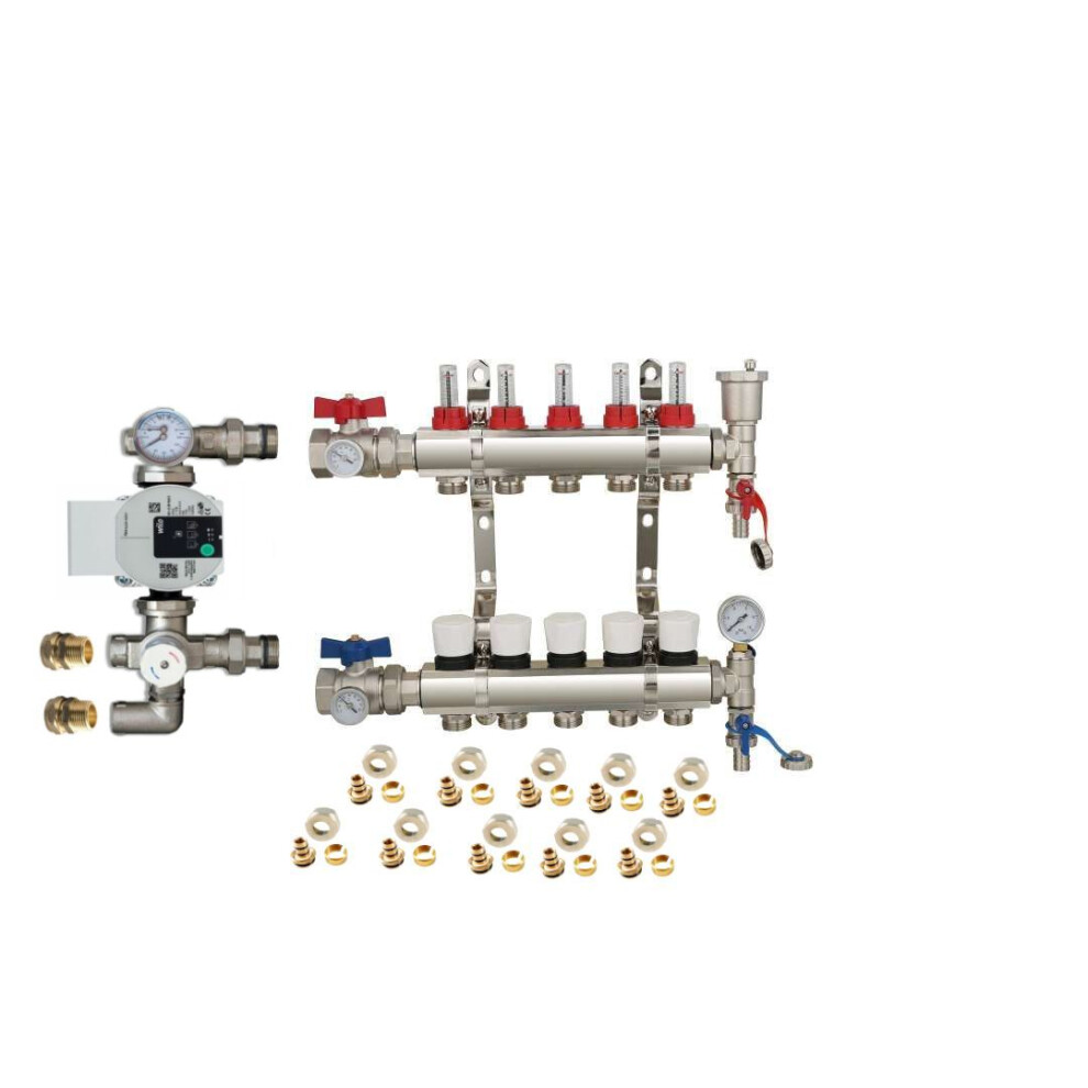 (5 PORT) Water Underfloor Heating Kit 1 - 12 Ports Manifold with Pump and Blending Valve Set