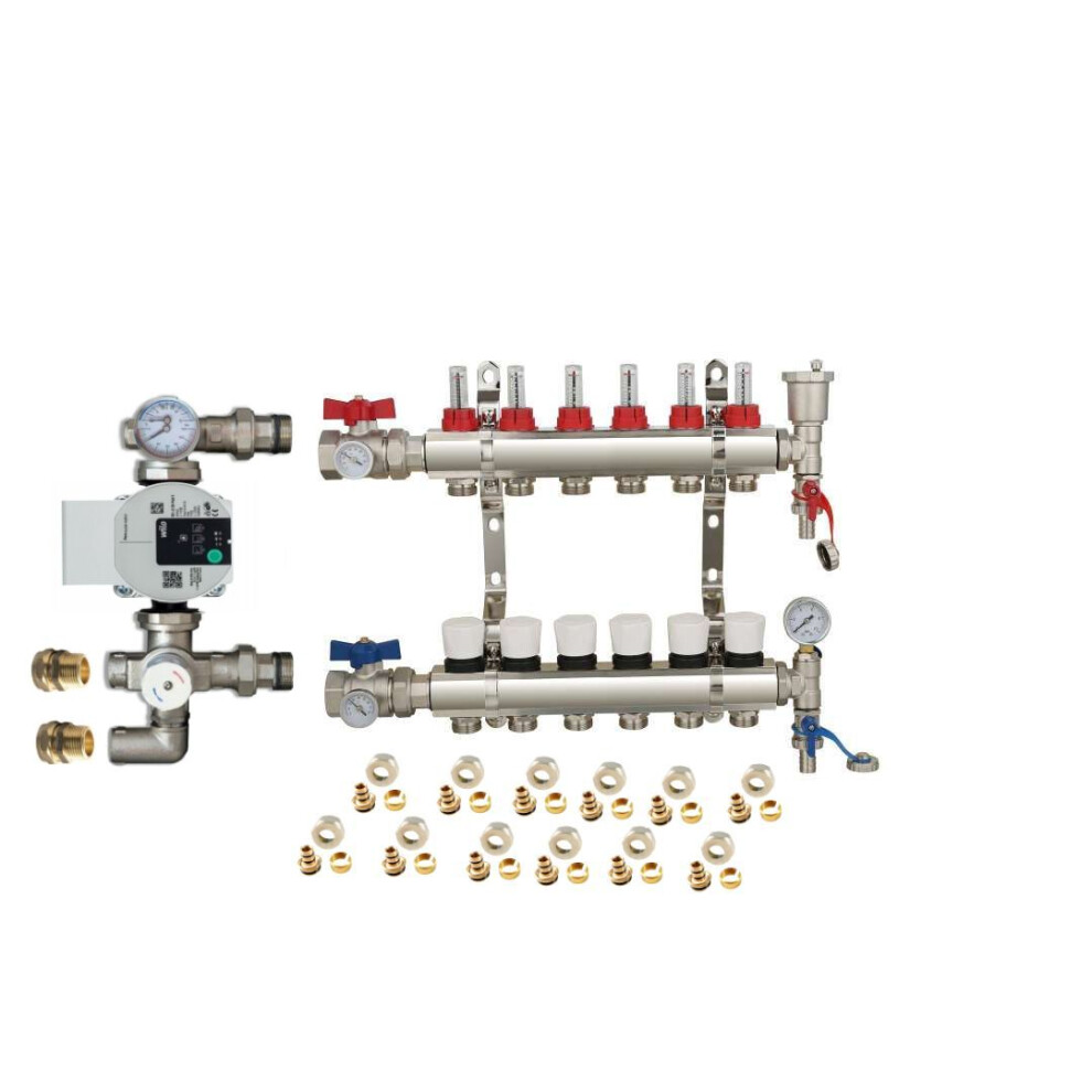 (6 PORT) Water Underfloor Heating Kit 1 - 12 Ports Manifold with Pump and Blending Valve Set