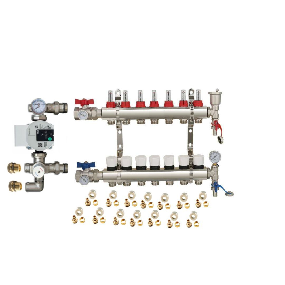 (7 PORT) Water Underfloor Heating Kit 1 - 12 Ports Manifold with Pump and Blending Valve Set