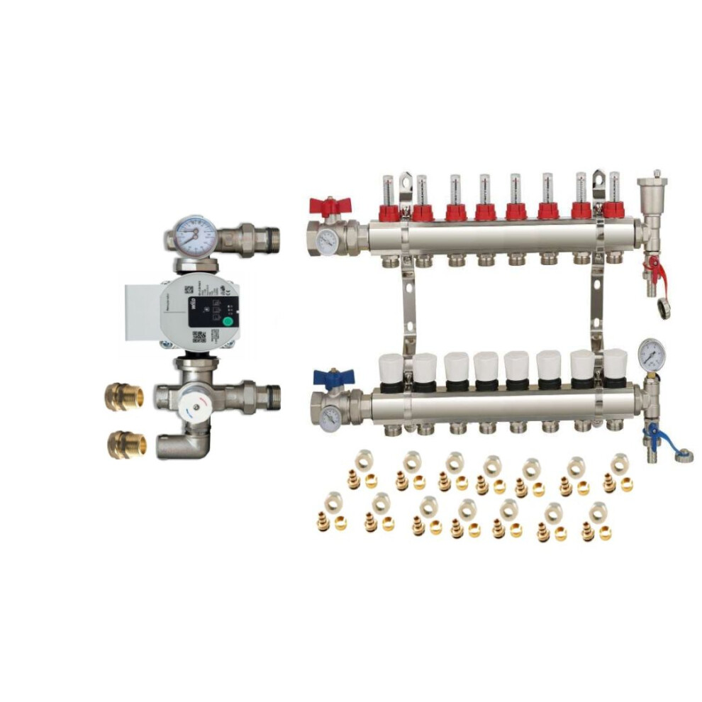 (8 PORT) Water Underfloor Heating Kit 1 - 12 Ports Manifold with Pump and Blending Valve Set