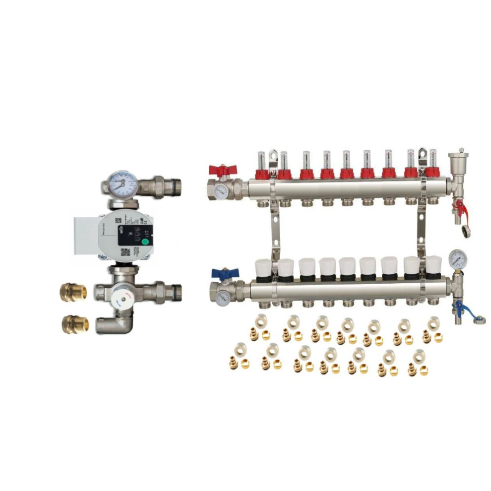 (9 PORT) Water Underfloor Heating Kit 1 - 12 Ports Manifold with Pump and Blending Valve Set