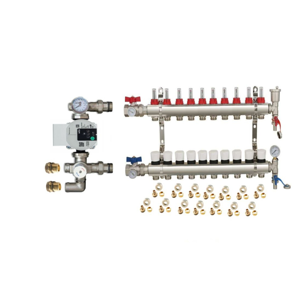 (10 PORT) Water Underfloor Heating Kit 1 - 12 Ports Manifold with Pump and Blending Valve Set