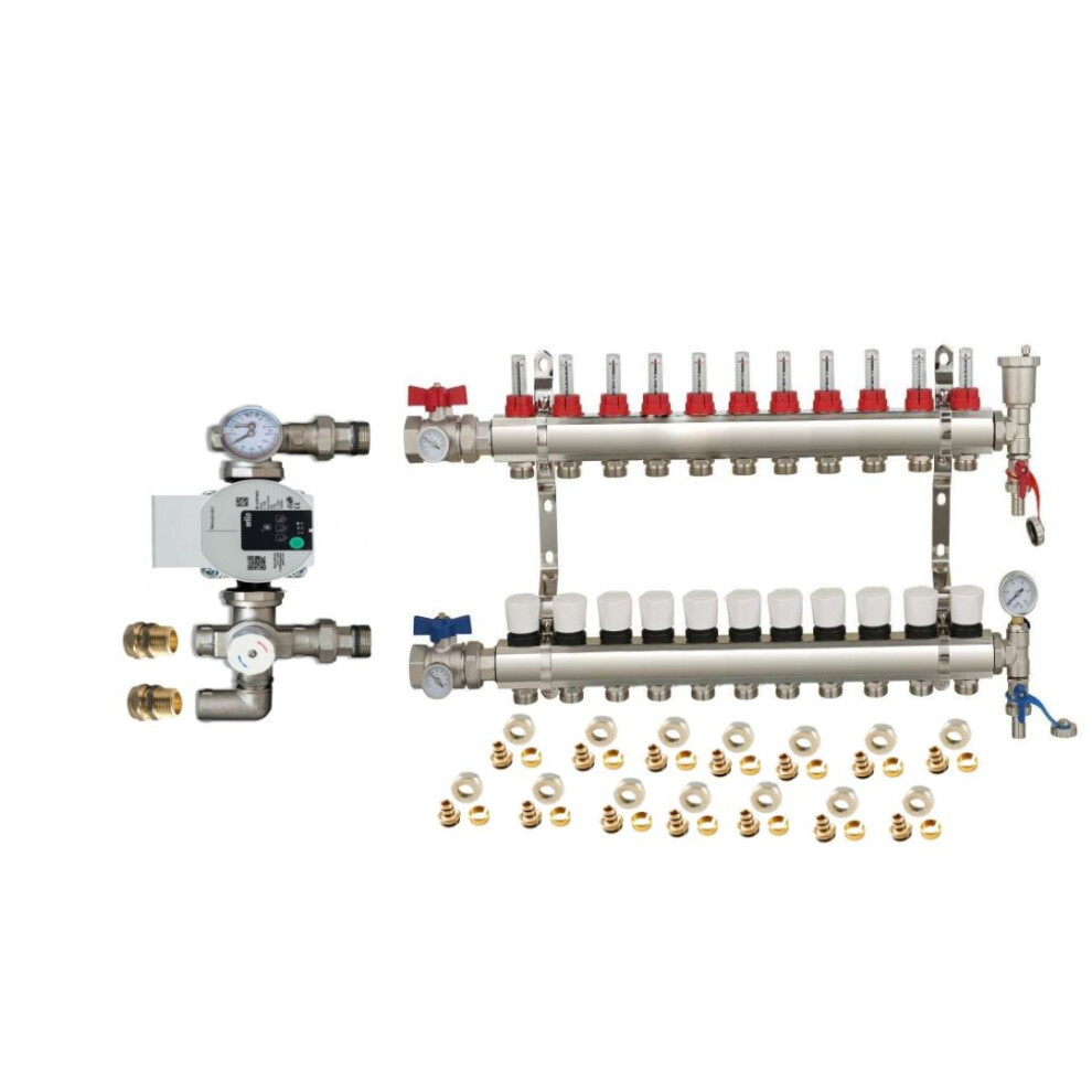 (11 PORT) Water Underfloor Heating Kit 1 - 12 Ports Manifold with Pump and Blending Valve Set