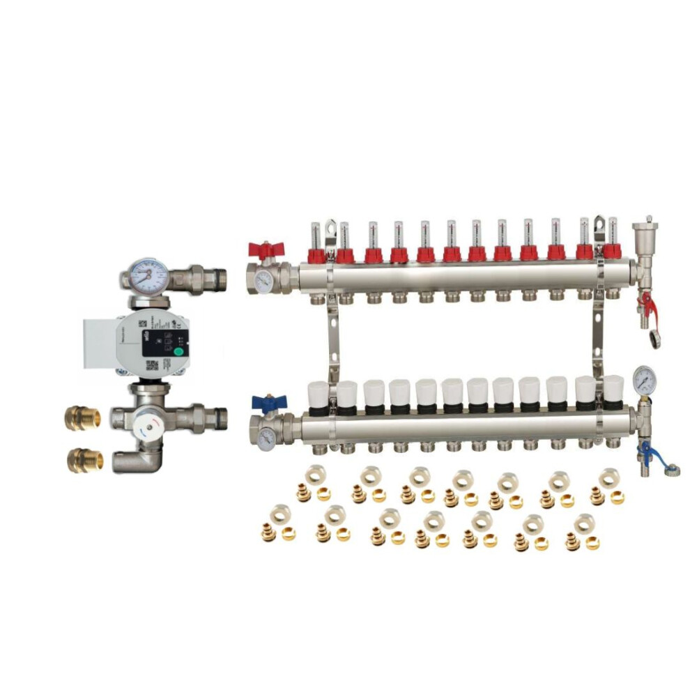 Wärmer System (12 Port) Water Underfloor Heating Kit 1 - 12 Ports Manifold With Pump And Blending Valve Set