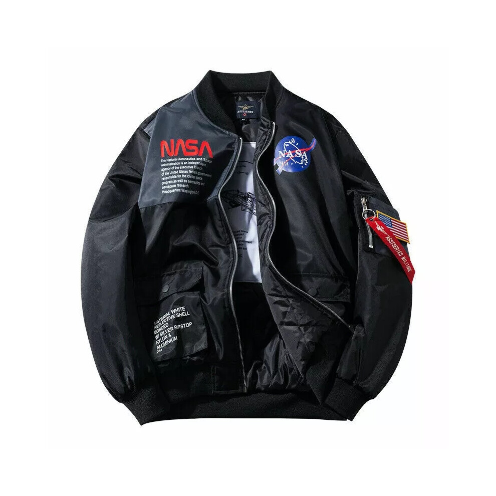 (Black Quilted, XL) Athletic Mens Flight Jacket NASA Style Bomber Coat Ma1 Pilot Army Jacket Outwear