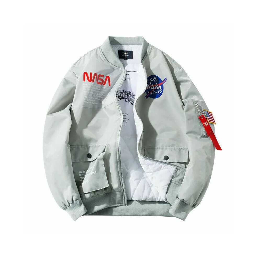 (Grey Quilted, XL) Athletic Mens Flight Jacket NASA Style Bomber Coat Ma1 Pilot Army Jacket Outwear