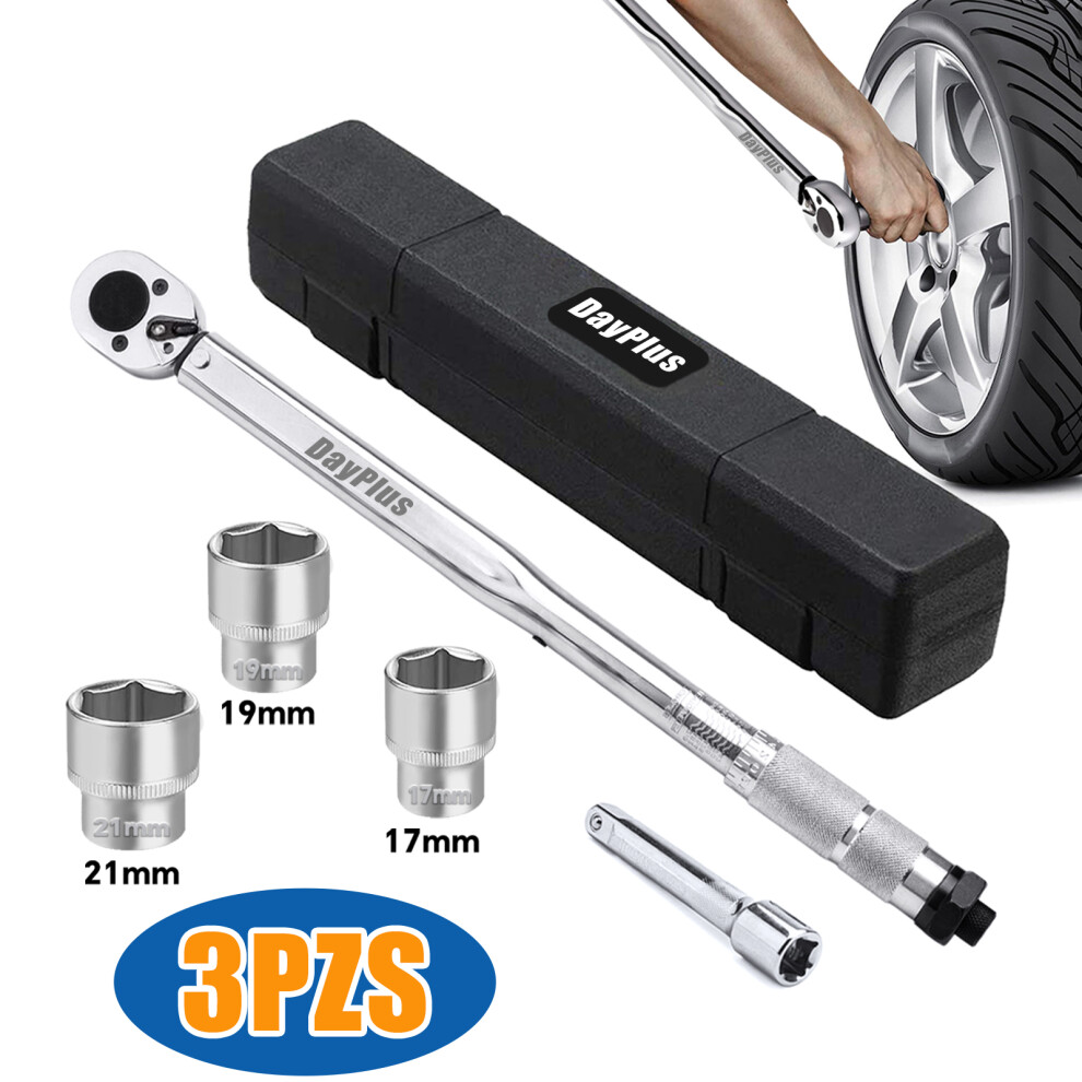 Torque Wrench 1/2", 28-210 Nm Torque Wrench Set with Extension Bar, Sockets 17, 19, 21mm, for Car, Truck, Motorcycle