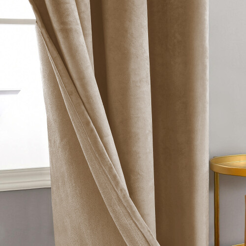 (BEIGE, 66 x 72) Soft Velvet Curtains Eyelet Ready Made Fully Lined 2