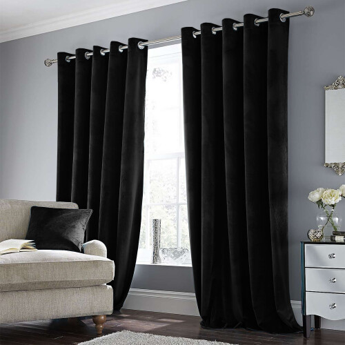 (BLACK, 66 x 54) Soft Velvet Curtains Eyelet Ready Made Fully Lined