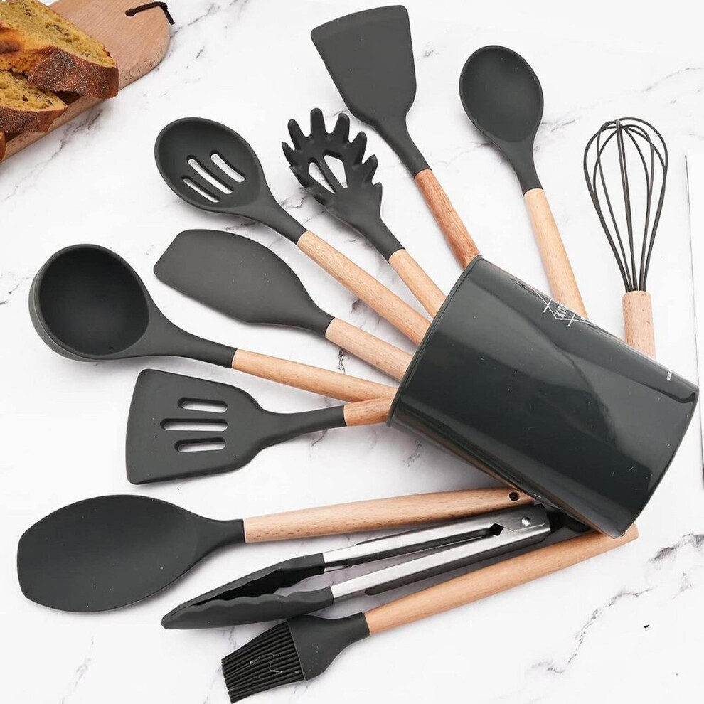 (Black) 11-piece Silicone Kitchen Utensil Set for Nonstick Cookware