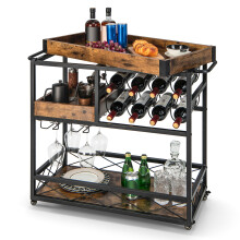 3-Tier Kitchen Serving Cart Rolling Bar Serving Trolley W/ Wine Rack