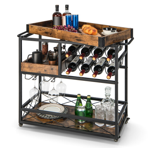 Costway 3-Tier Kitchen Serving Cart Rolling Bar Serving Trolley W/ Wine Rack