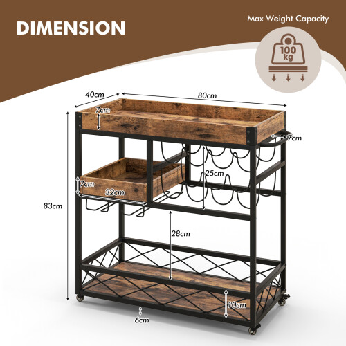 Costway 3-Tier Kitchen Serving Cart Rolling Bar Serving Trolley W/ Wine Rack 2