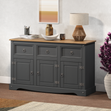 Corona Charcoal 3 Door Sideboard Cabinet Solid Wood Pine Wooden Dark Grey