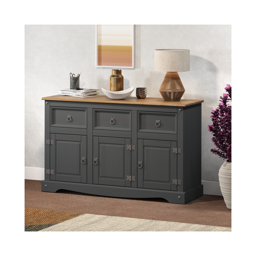 Mercers Furniture Corona Charcoal 3 Door Sideboard Cabinet Solid Wood Pine Wooden Dark Grey