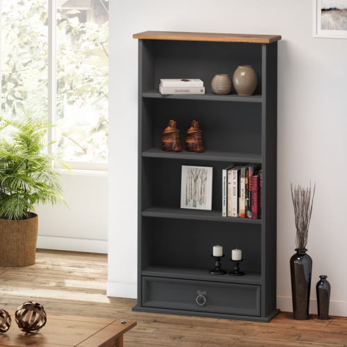 Mercers Furniture Corona Charcoal 1 Drawer DVD Rack CD Storage Small Bookcase Solid Wood Pine Wooden