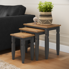 Corona Charcoal Piccolo Nest of 3 Tables Solid Wood Pine Wooden Dark Grey