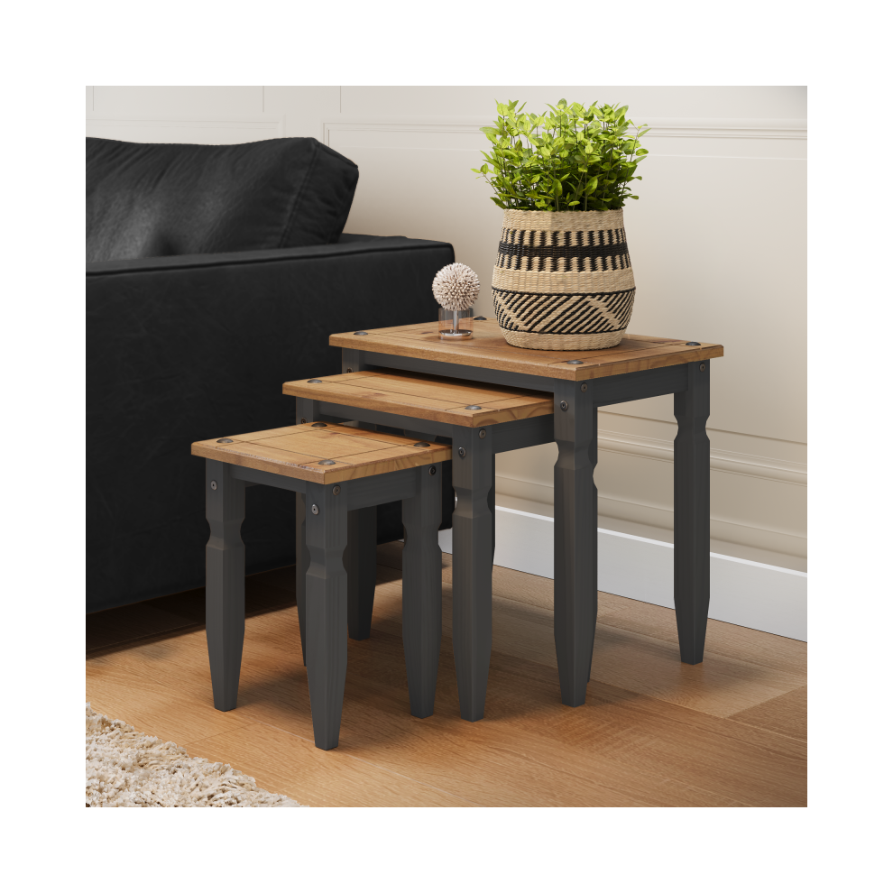 Mercers Furniture Corona Charcoal Piccolo Nest Of 3 Tables Solid Wood Pine Wooden Dark Grey