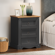 Corona Charcoal Medium 3 Drawer Bedside Cabinet Solid Wooden Pine Dark Grey