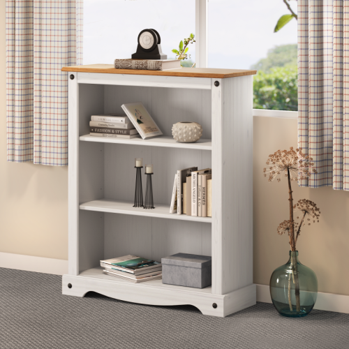 Mercers Furniture Corona White Small Low 3 Shelf Bookcase Solid Wood Pine Wooden