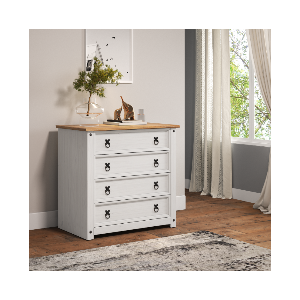 Mercers Furniture Corona Small 4 Drawer Chest Of Drawers Solid Wood Pine Wooden Bedroom - Distressed White Wax - Image 2