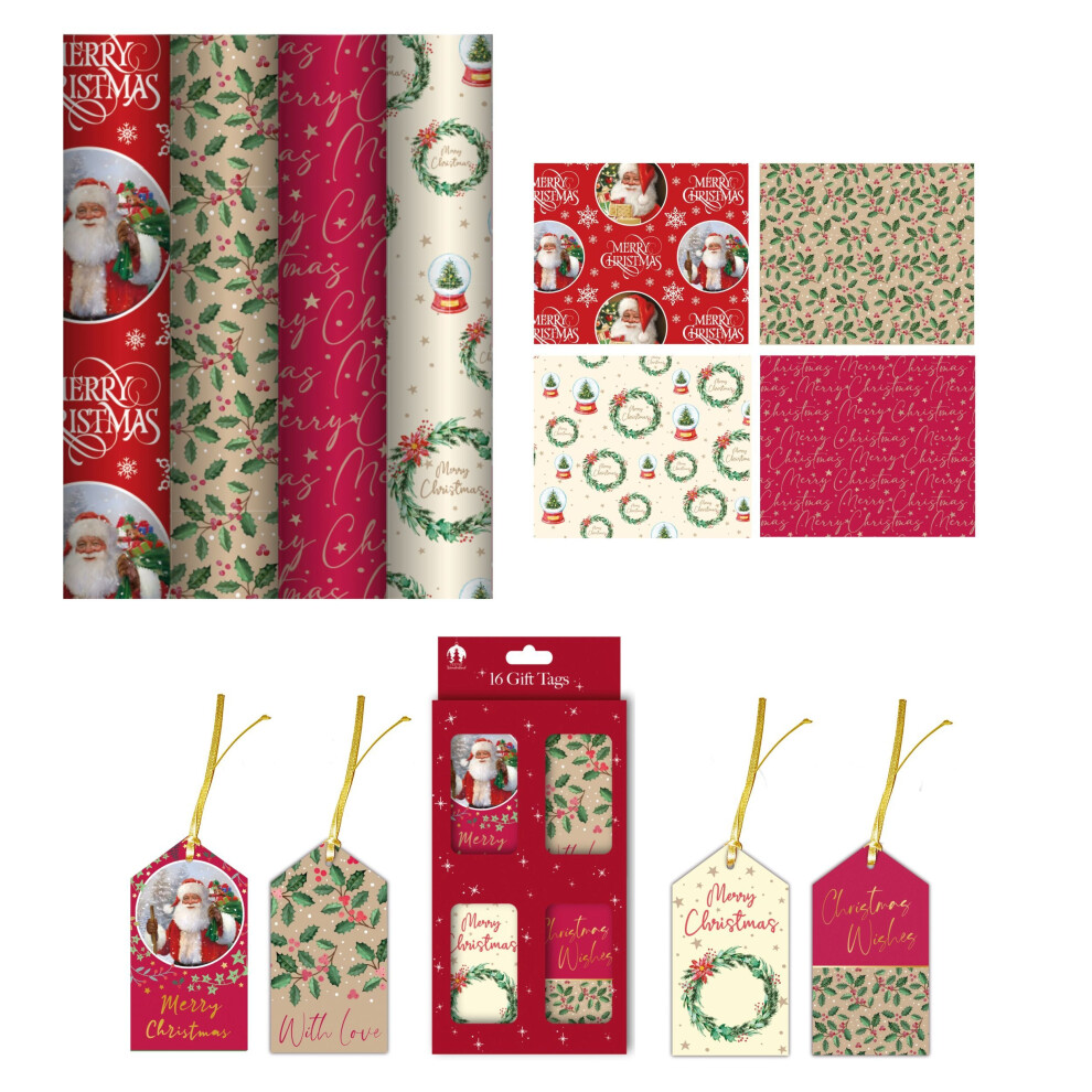 4x 4M Traditional Christmas Wrapping Paper Rolls Wrap With Gift Tags