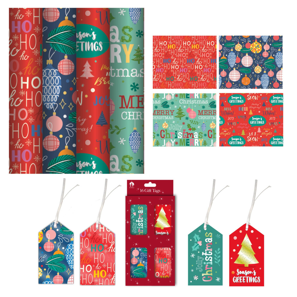 4x 4M Christmas Wrapping Paper Rolls Contemporary With Matching Tags