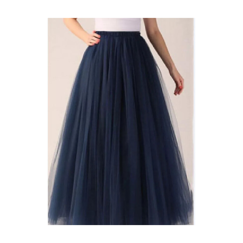 (Navy Blue) Ladies Long Tutu Tulle Skirts 5-Layer Maxi Skirt Wedding Prom Petticoat White