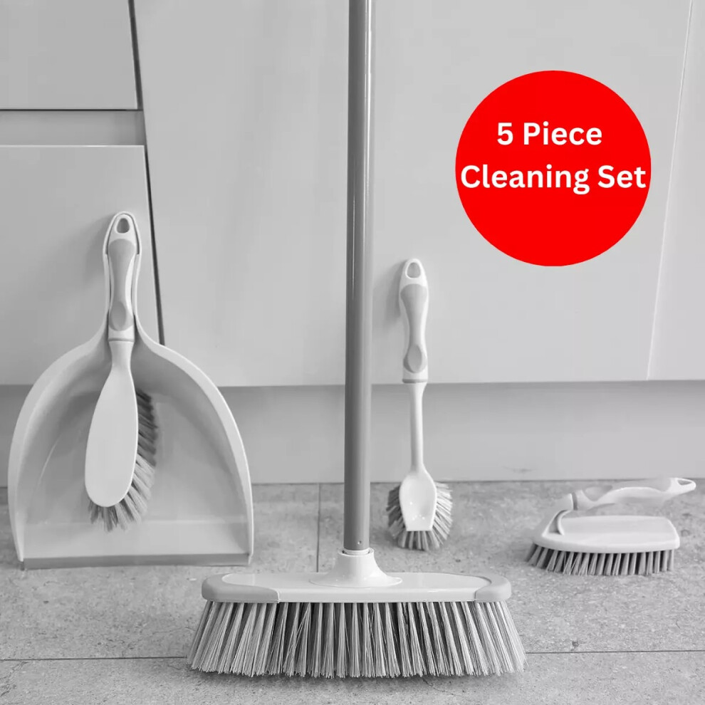 OurHouse 5 Piece Cleaning Set Dustpan Broom Dish Scrubbing Brush STRONG BRISTLES