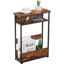(Rustic Brown) Vintage Side Table with Storage Shelves, 3-Tier Slim Side Table, Modern Sofa Table for Narrow Spaces, 24.6-Inch High Bed Side Table with Magazine Rack