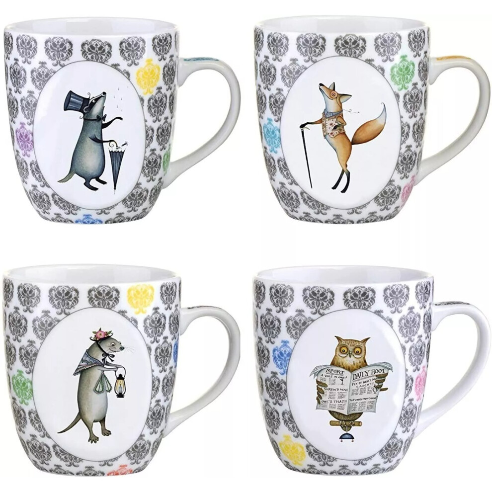 Set Of 4 400ml Porcelain White Funimals Mugs Coffee Tea Cup Set in Gift Box