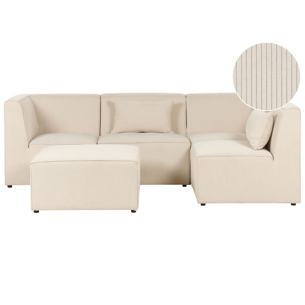 Left Hand 4 Seater Modular Jumbo Cord Corner Sofa with Ottoman Beige LEMVIG