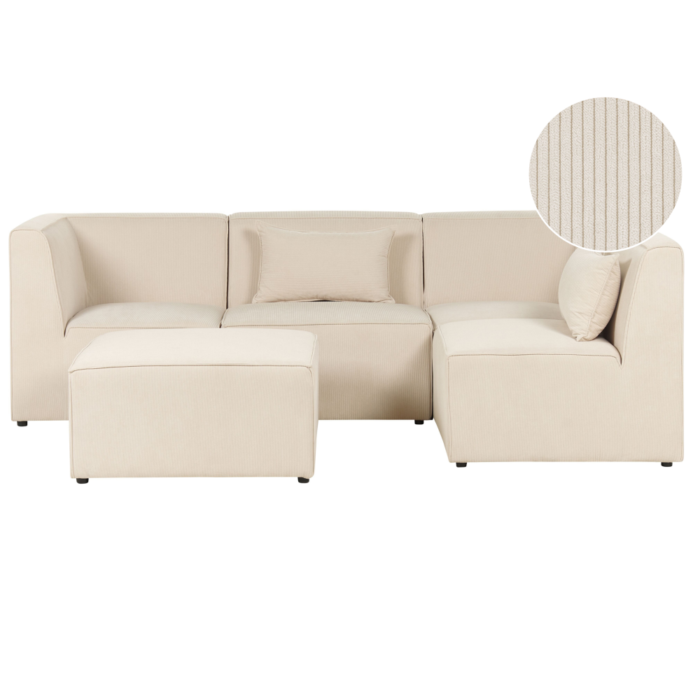 Modular Corner Sofa LEMVIG Corduroy Light Beige with Ottoman 4 Seater Left Hand