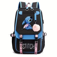 (A4) Stitch Pattern Large Capacity Backpack With Charging Port, Cartoon Theme School Bag