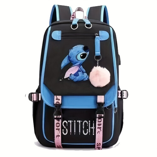 (A4) Stitch Pattern Large Capacity Backpack With Charging Port, Cartoon Theme School Bag