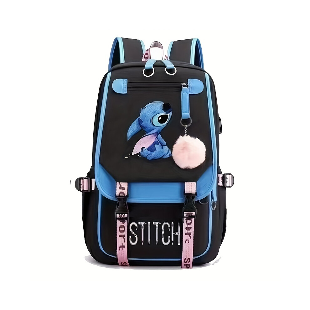 Flemye (A4) Stitch Pattern Large Capacity Backpack With Charging Port, Cartoon Theme School Bag