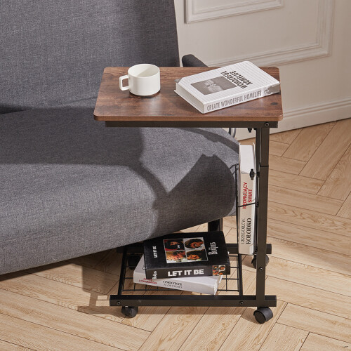 Living And Home C Shaped Sofa Side Table,Adjustable Height Side Table on Wheels Mobile Laptop with Storage Basket & Shelf