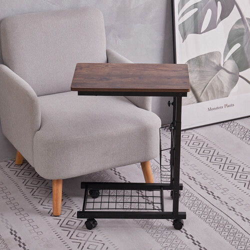 Living And Home C Shaped Sofa Side Table,Adjustable Height Side Table on Wheels Mobile Laptop with Storage Basket & Shelf 1