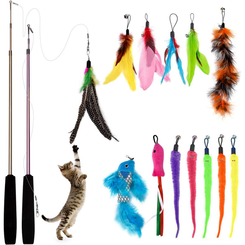 Bojafa Cat Toys For Indoor Cats Adult: Interactive Kitten Cat Feather Wand Toys 15Pcs Cat Teaser Toys