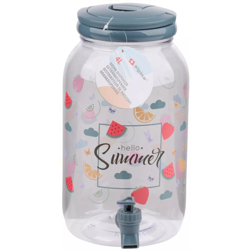 (Grey (Hello Summer)) 4 Litre Plastic Drink Dispenser with Tap & Lid Cocktail Punch Juice Beverage BBQ