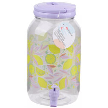(Purple (Lemons)) 4 Litre Plastic Drink Dispenser with Tap & Lid Cocktail Punch Juice Beverage BBQ