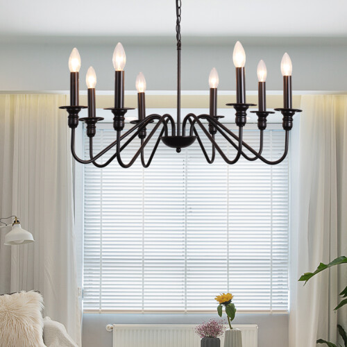 8-Light Chandeliers, Candle Classic Pendant Ceiling Lights with Black Metal Polished Finish, Height Adjustable Pendant Light