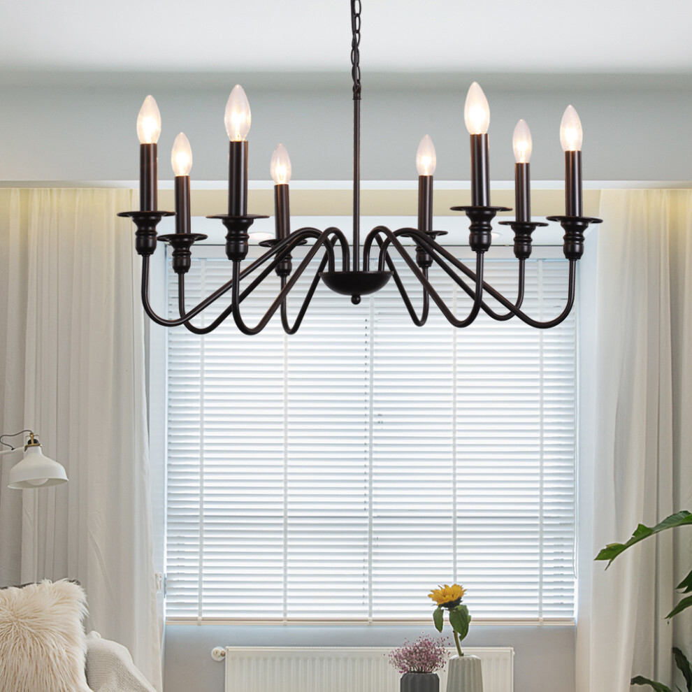 8-Light Chandeliers, Candle Classic Pendant Ceiling Lights with Black Metal Polished Finish, Height Adjustable Pendant Light