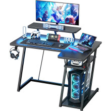 (100cm, Black) Gaming Desk with LED Lights, Computer Desk with Monitor Stand, L Shaped Desk with Headphone Hook, Corner Desk with Shelves for Gaming Room