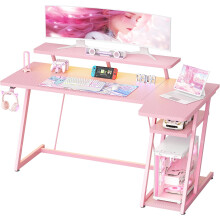 (140cm, Pink) Gaming Desk with LED Lights, Computer Desk with Monitor Stand, L Shaped Desk with Headphone Hook, Corner Desk with Shelves for Gaming Room