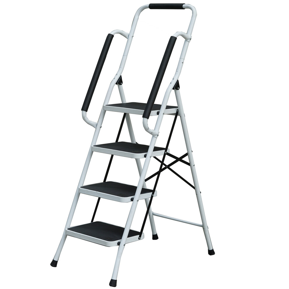 4 Step Ladder Folding Stool Non Slip Tread Steel With Handrail